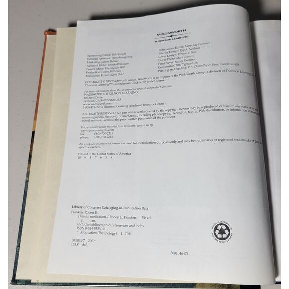 Wadsworth Human Motivation Fifth Edition Robert E. Franken Textbook Pre-Owned - Picture 8 of 12